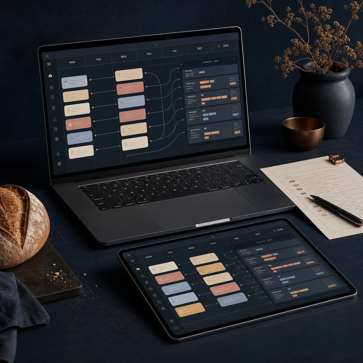 Preorder Week Command Center — Midnight-blue control-room dashboard with order cards and week timeline