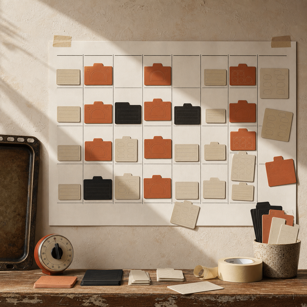 Oven Tetris Wall Planner — Warm terracotta overhead bakery wall with movable production cards