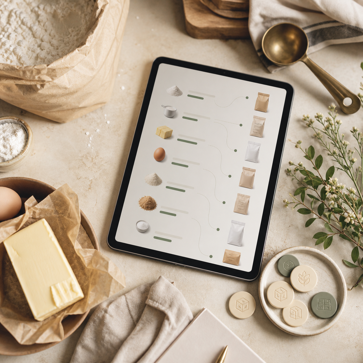 Batch-to-Buy Purchase Generator — Botanical green purchasing desk with ingredient sacks and supplier list