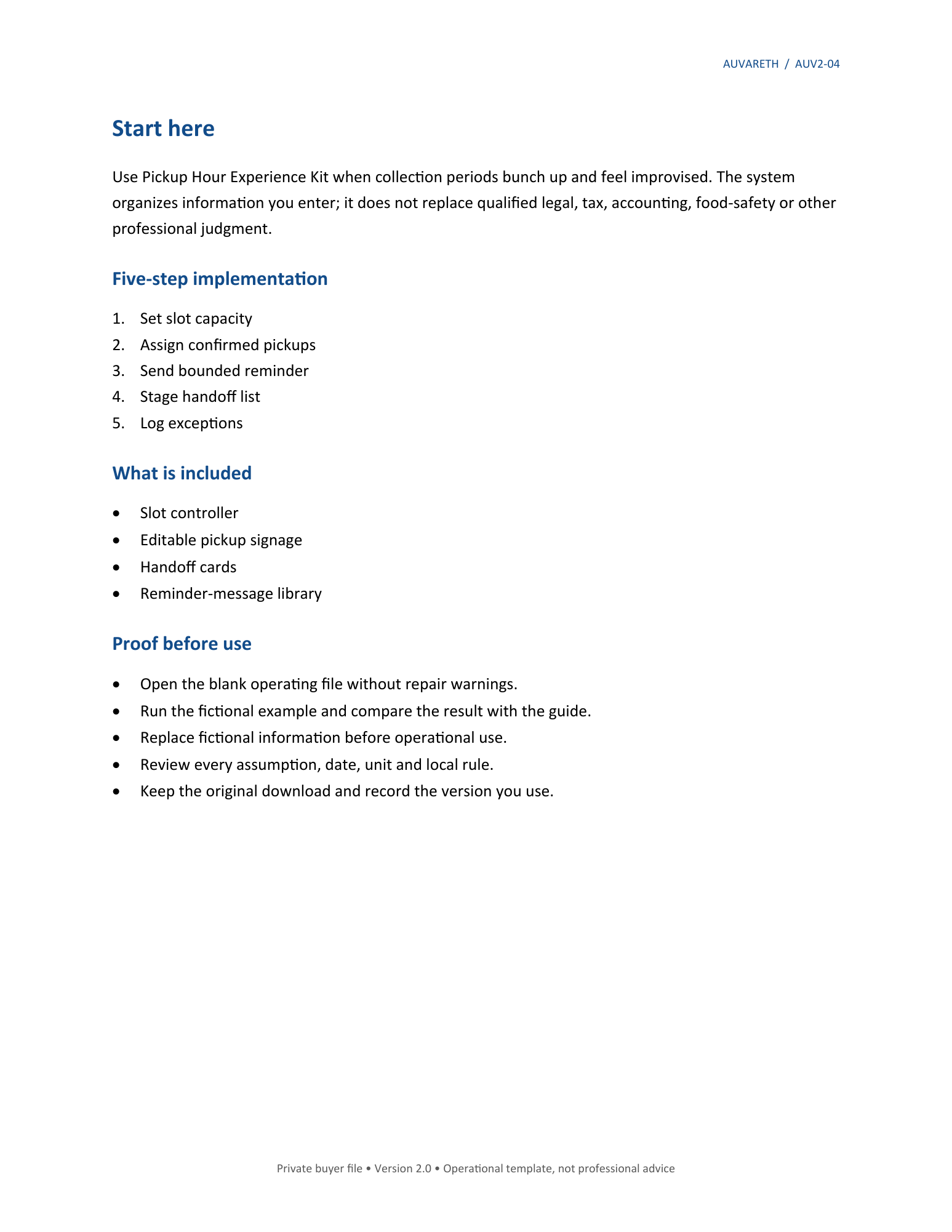 Pickup Hour Experience Kit — included resources and setup sequence