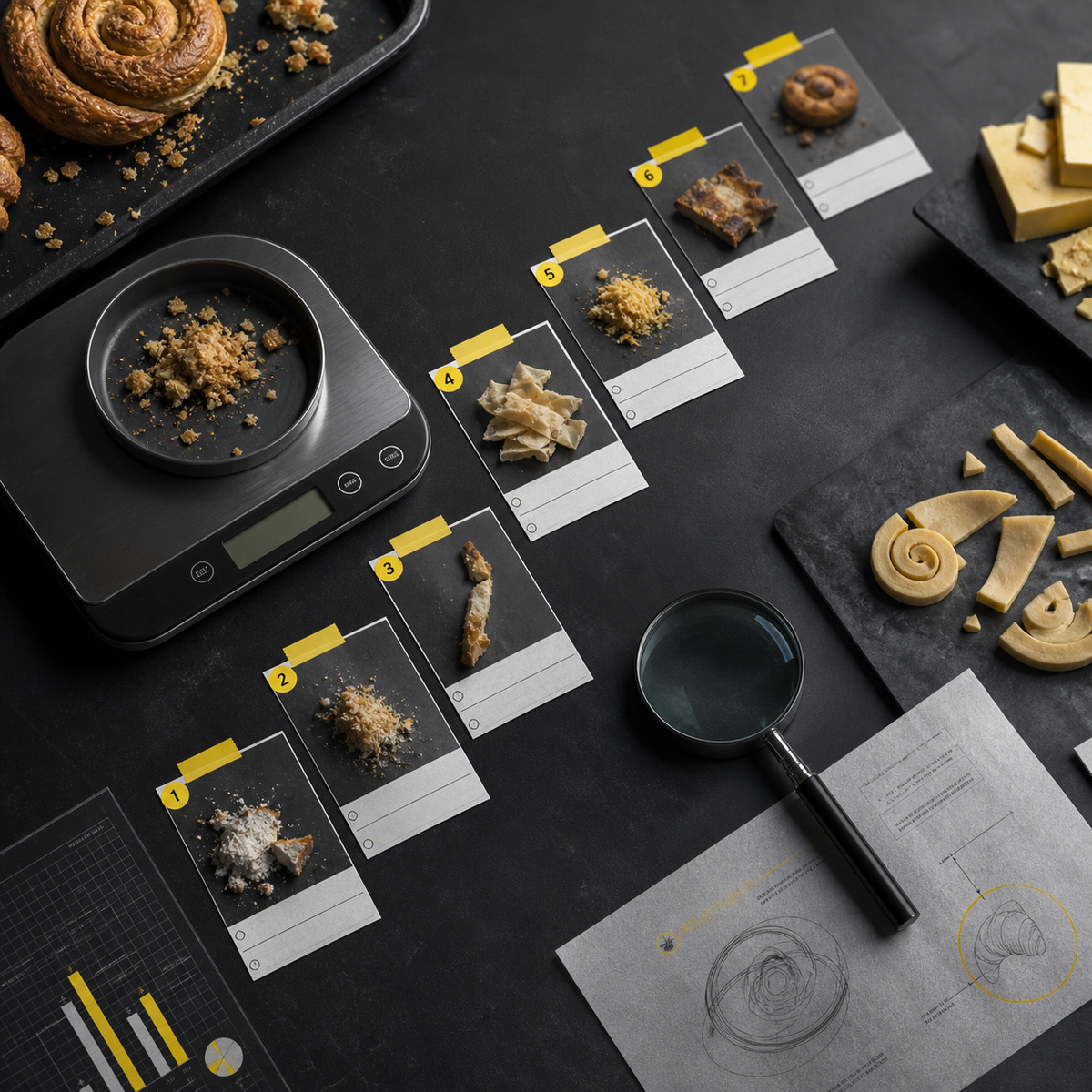 Seven-Day Waste Detective — Charcoal forensic notebook with annotated crumbs, bins and yield chart