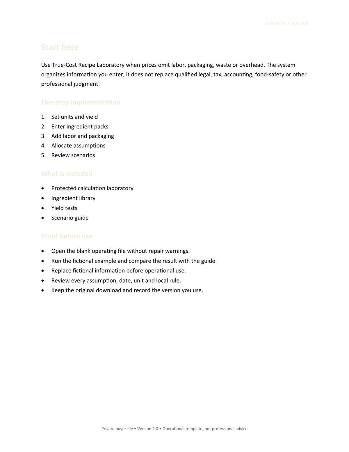 True-Cost Recipe Laboratory — included resources and setup sequence