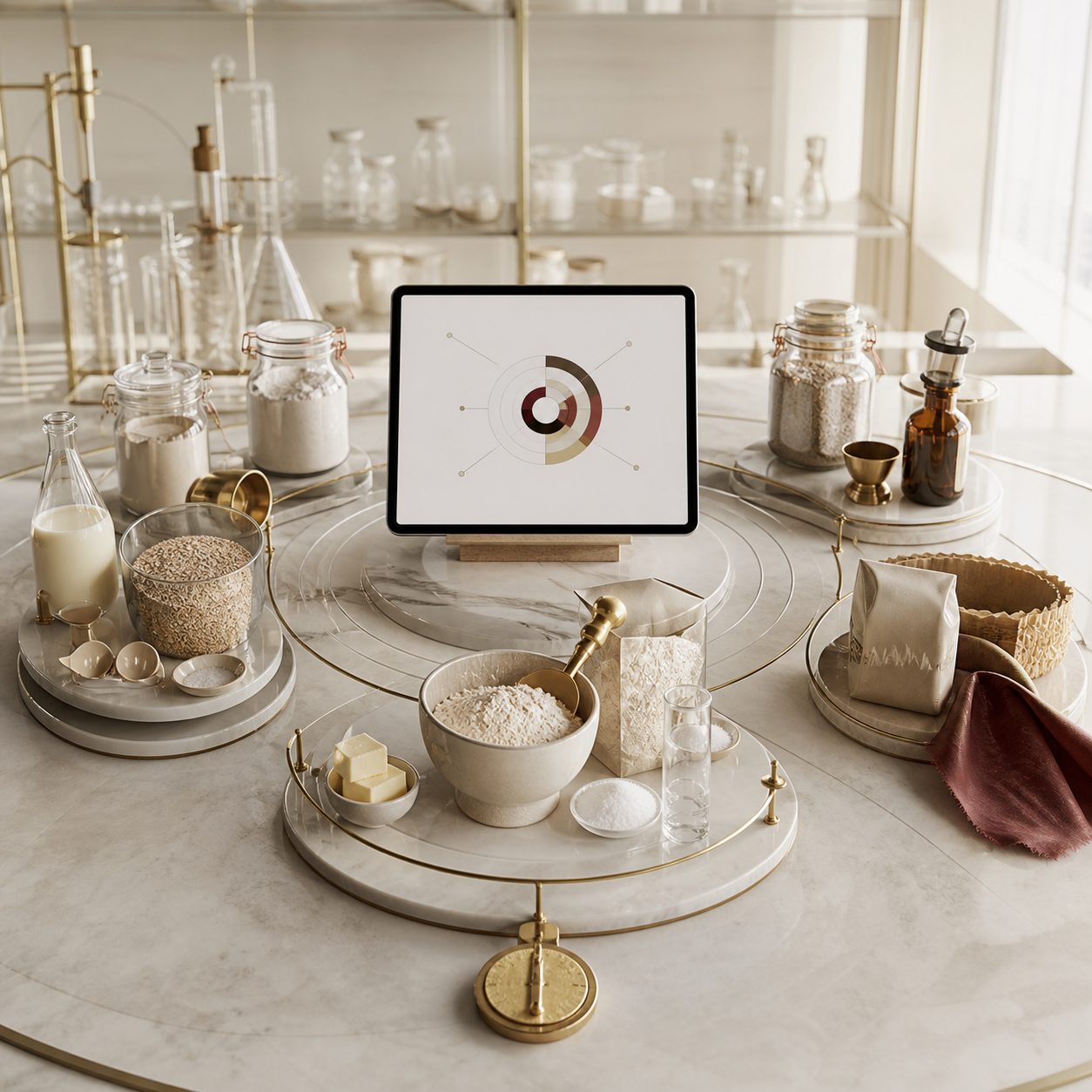 True-Cost Recipe Laboratory — Ivory laboratory bench with layered cost specimens