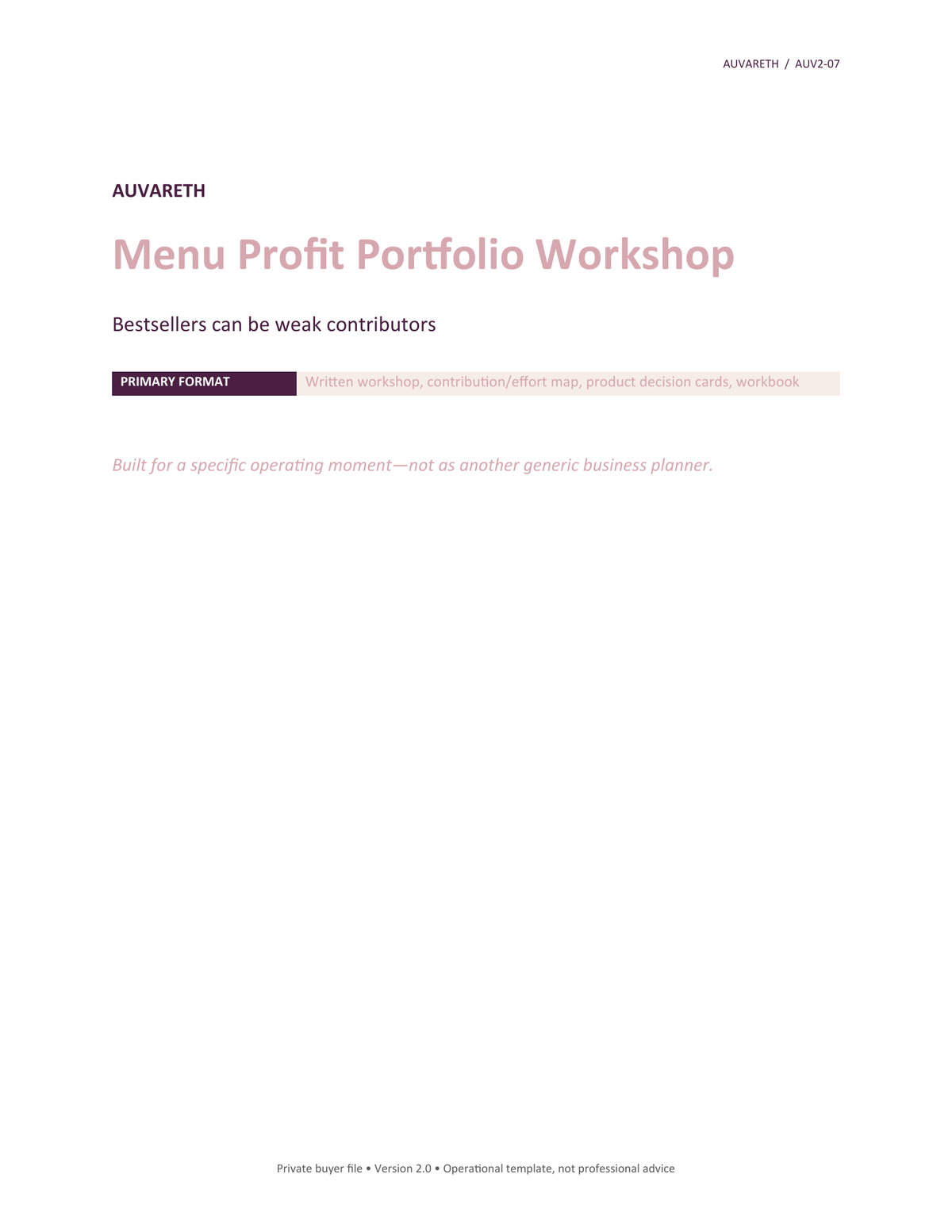 Menu Profit Portfolio Workshop — buyer problem and product purpose