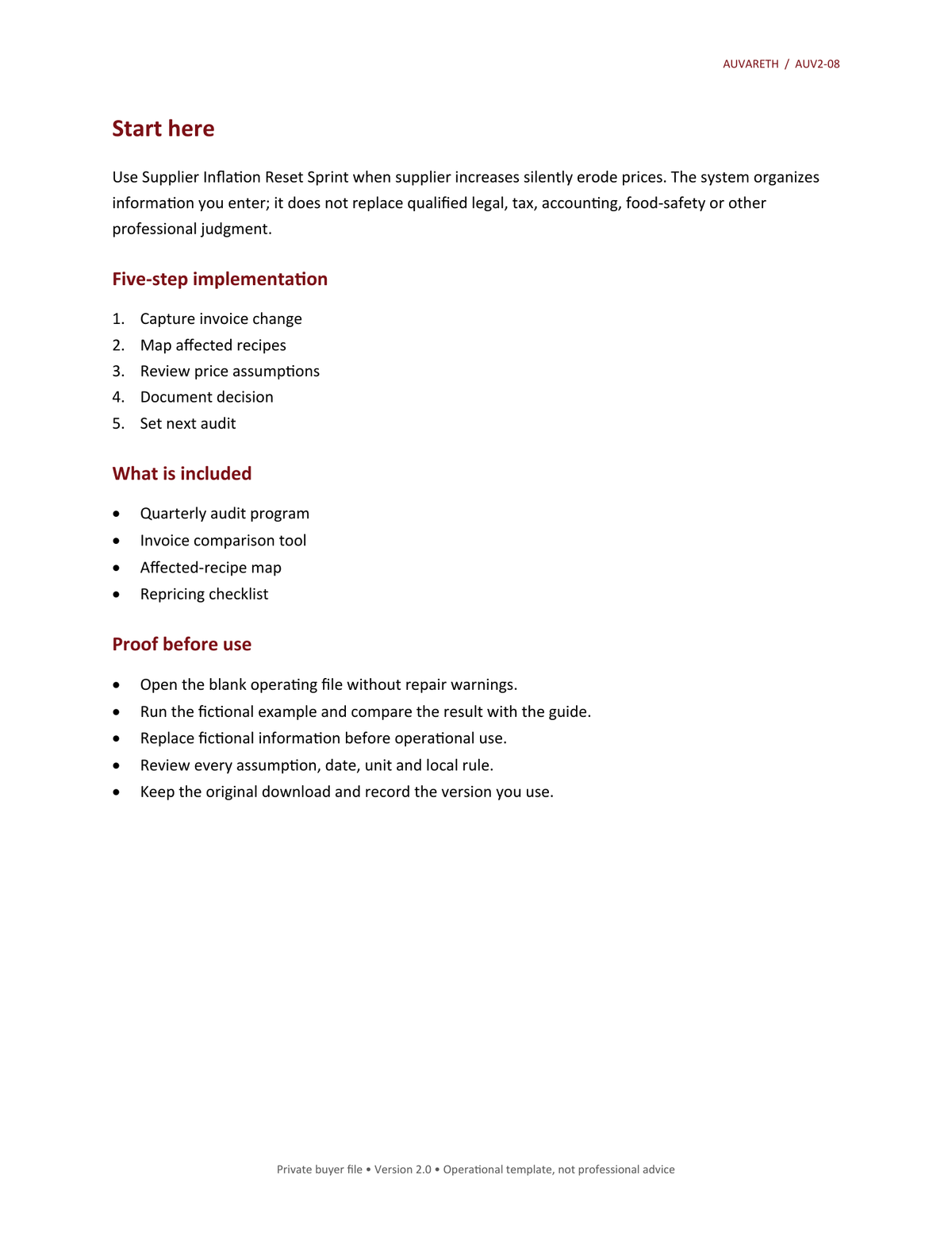 Supplier Inflation Reset Sprint — included resources and setup sequence