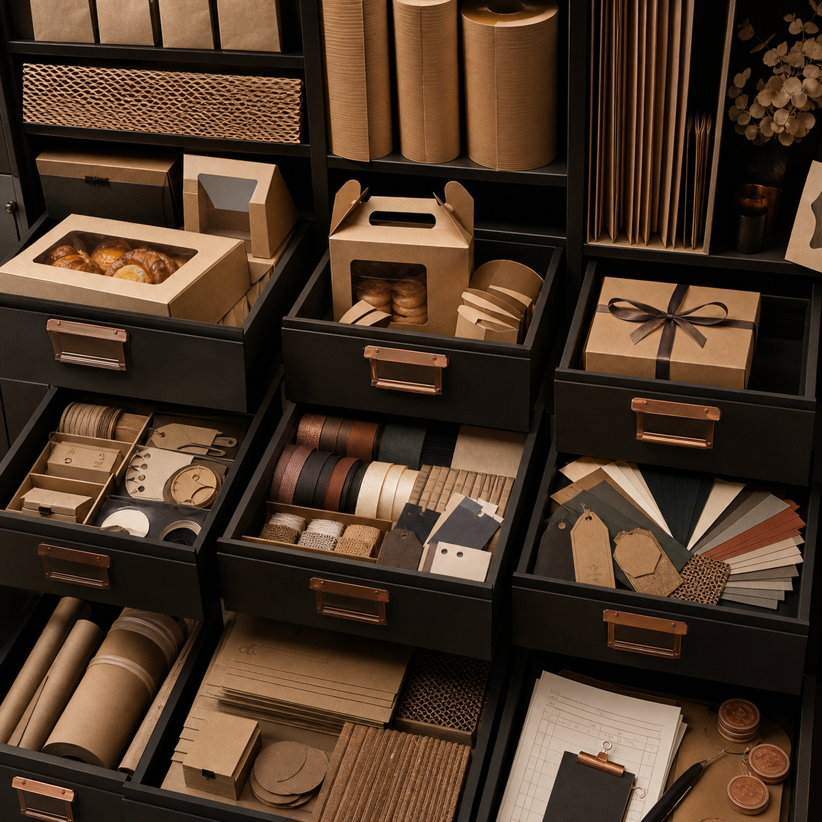 Packaging Procurement Vault — Kraft-paper procurement archive with boxes, labels and swatches