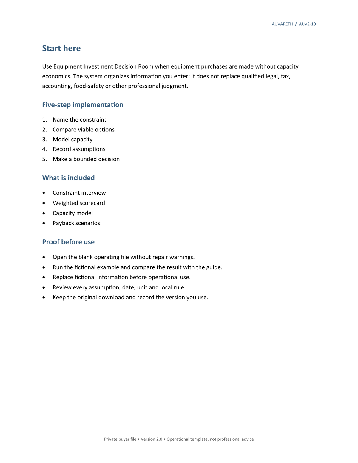 Equipment Investment Decision Room — included resources and setup sequence