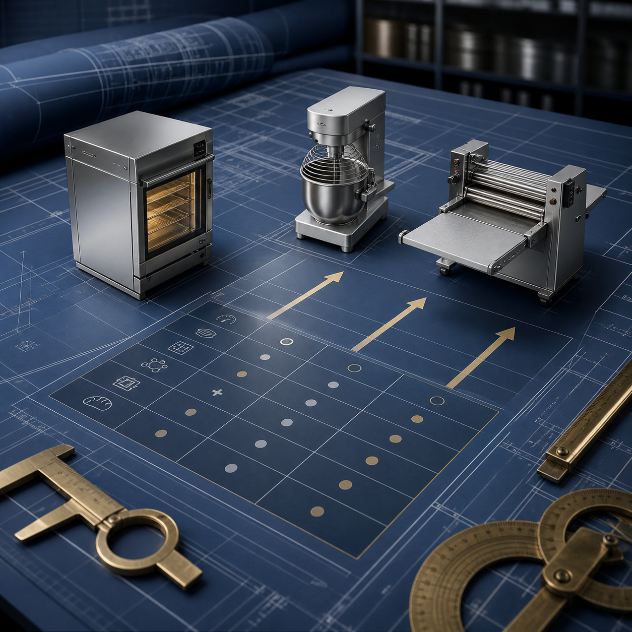 Equipment Investment Decision Room — Steel-blue equipment blueprint and decision matrix