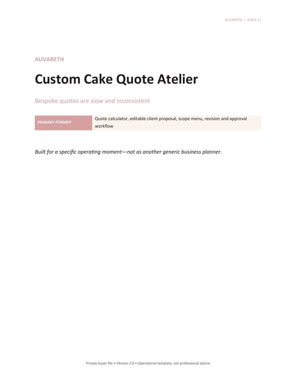 Custom Cake Quote Atelier — buyer problem and product purpose