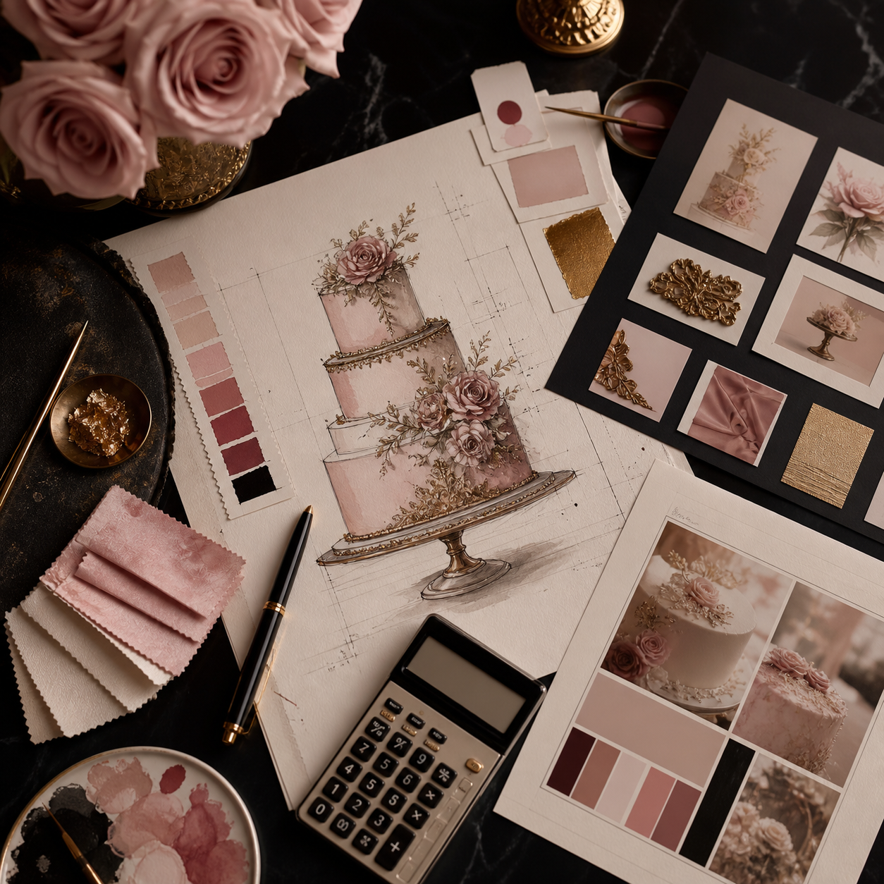 Custom Cake Quote Atelier — Rose-and-ink design atelier with cake sketch and proposal spread