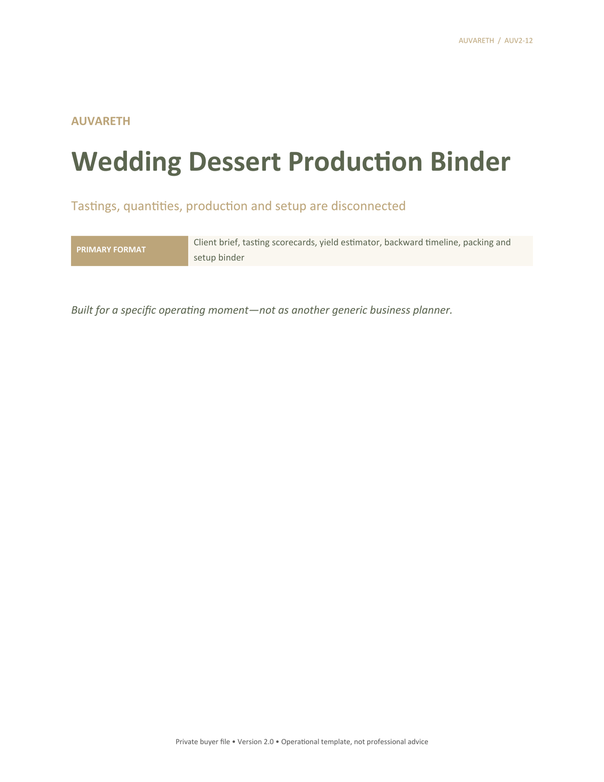 Wedding Dessert Production Binder — buyer problem and product purpose