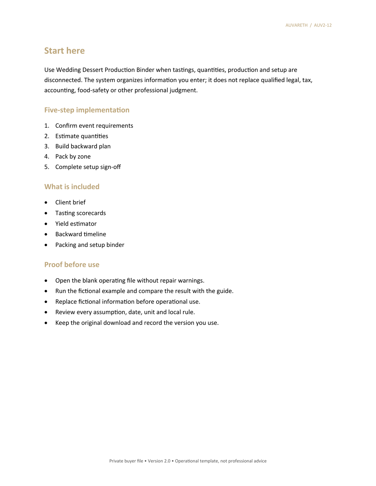 Wedding Dessert Production Binder — included resources and setup sequence