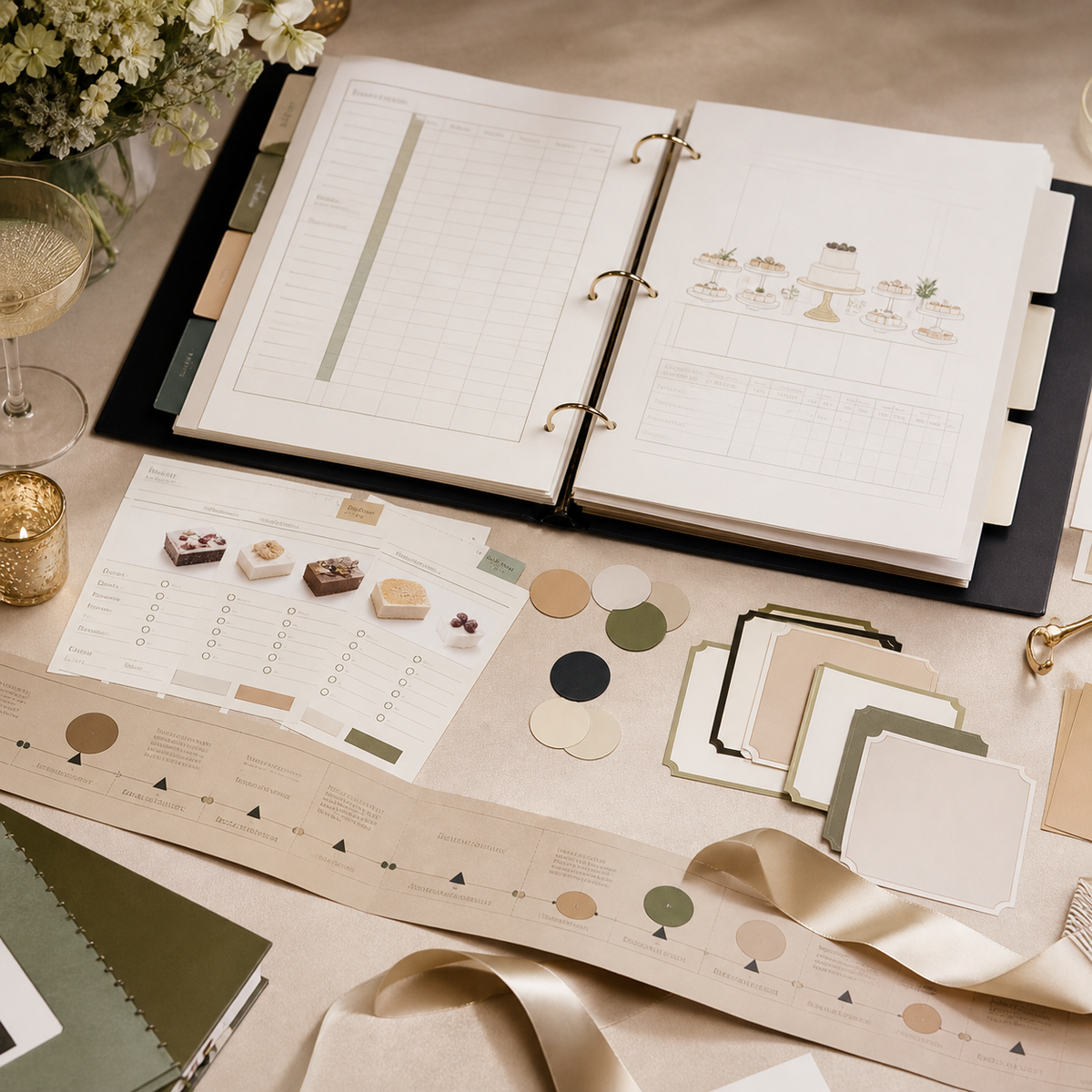 Wedding Dessert Production Binder — Champagne editorial binder with event timeline and table plan