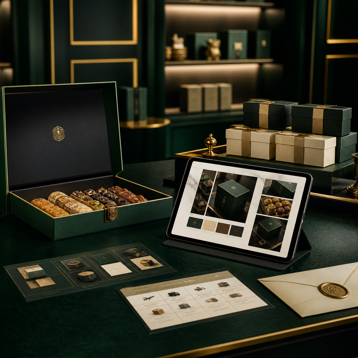 Corporate Gifting Proposal Suite — Deep emerald executive gifting deck with premium box mockup