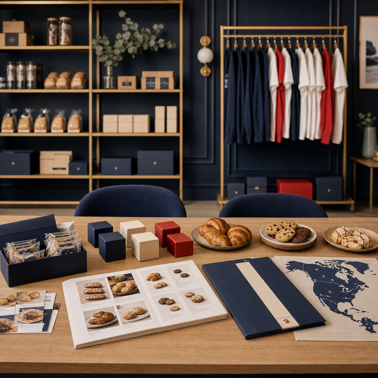Wholesale Account Starter Room — Navy trade showroom with line sheet and case packs