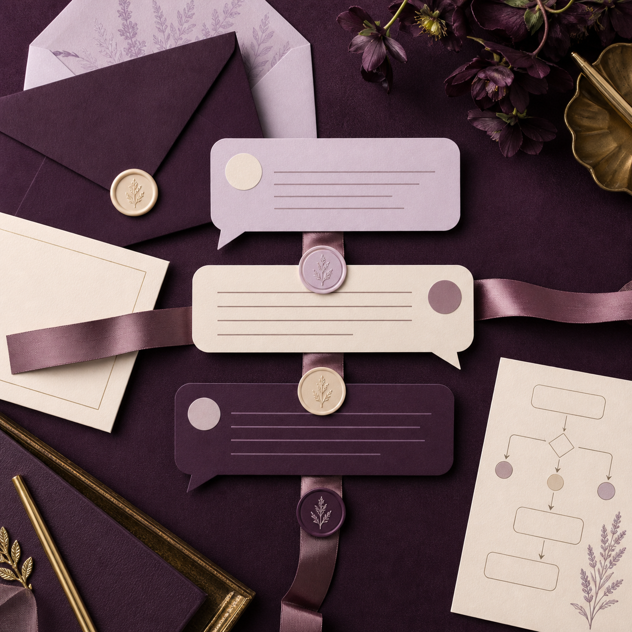 Deposit Conversation Kit — Plum correspondence set with message threads and milestone ribbon