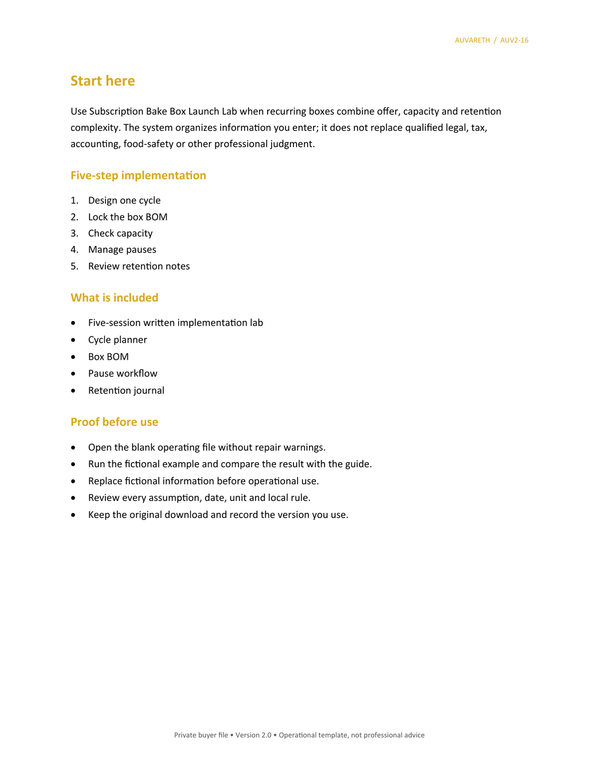 Subscription Bake Box Launch Lab — included resources and setup sequence