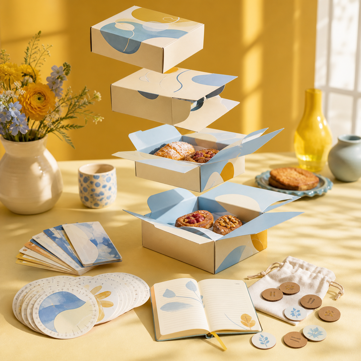 Subscription Bake Box Launch Lab — Sunlit yellow studio with subscription box unboxing sequence