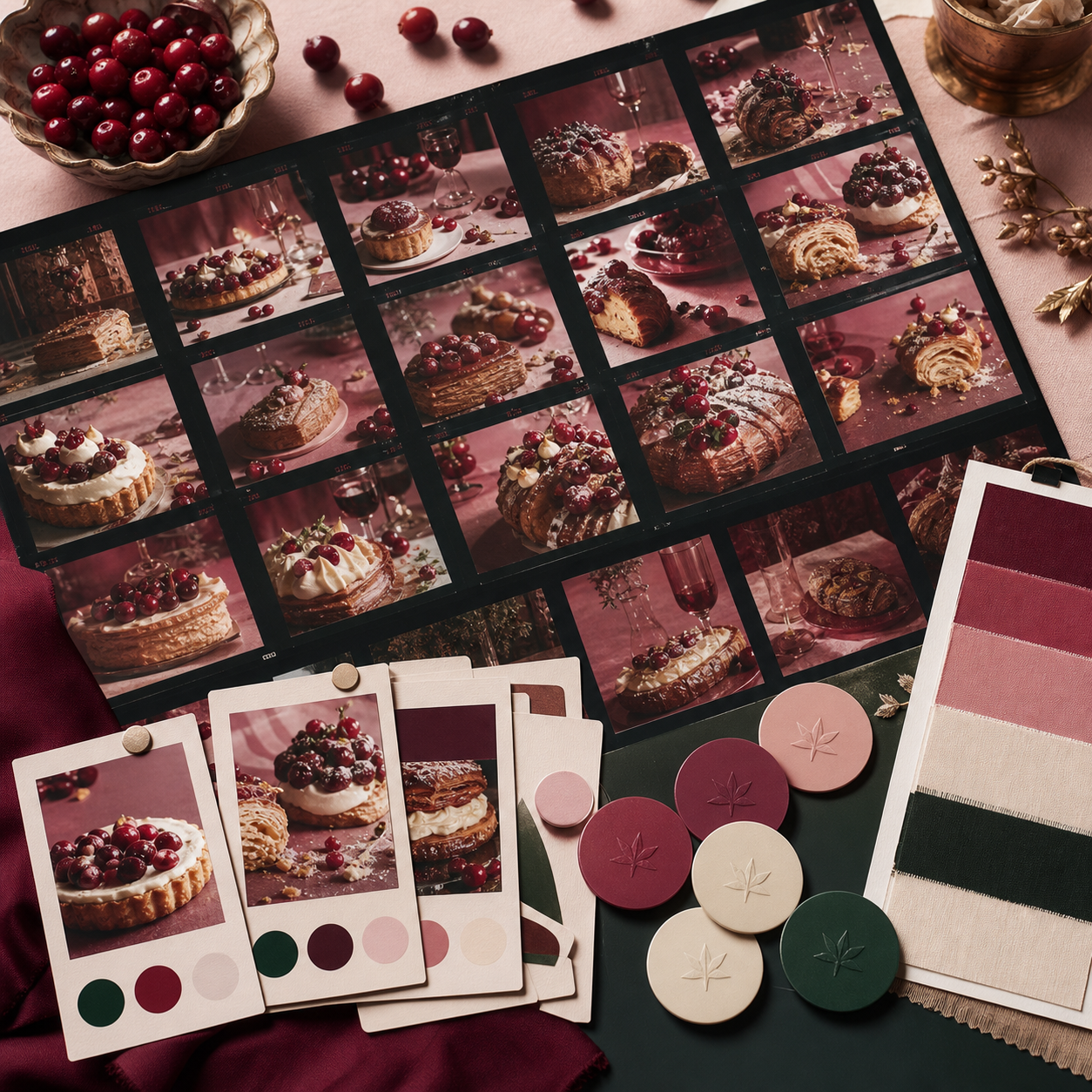 Seasonal Drop Campaign Studio — Cranberry campaign contact sheet with calendar and styled product scene