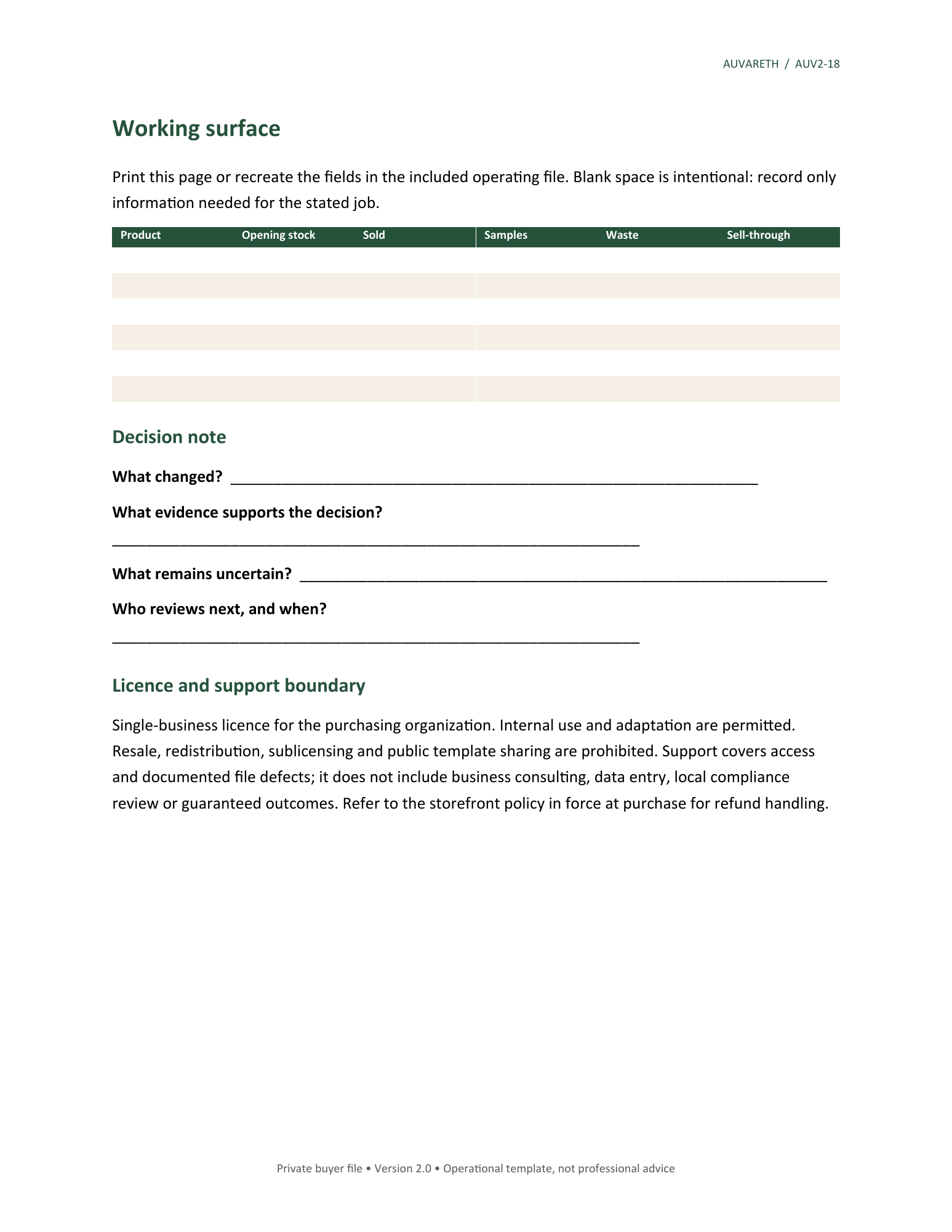 Market Stall Conversion Field Kit — working surface, decision notes, licence and support boundaries