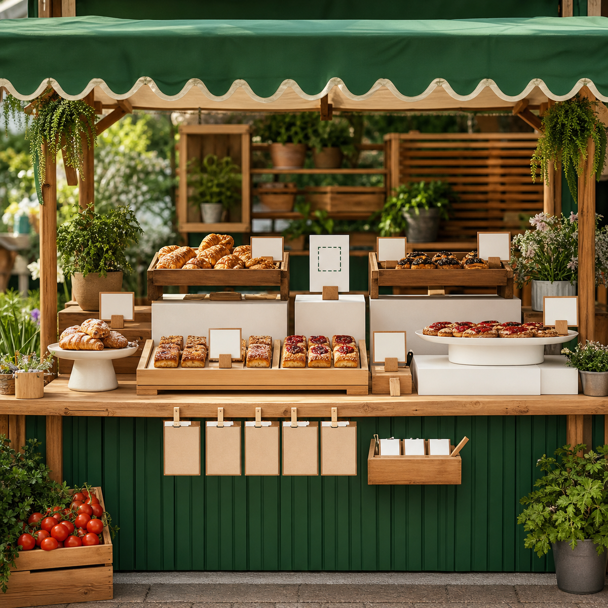 Market Stall Conversion Field Kit — Market-green field case with awning, signs and tally cards