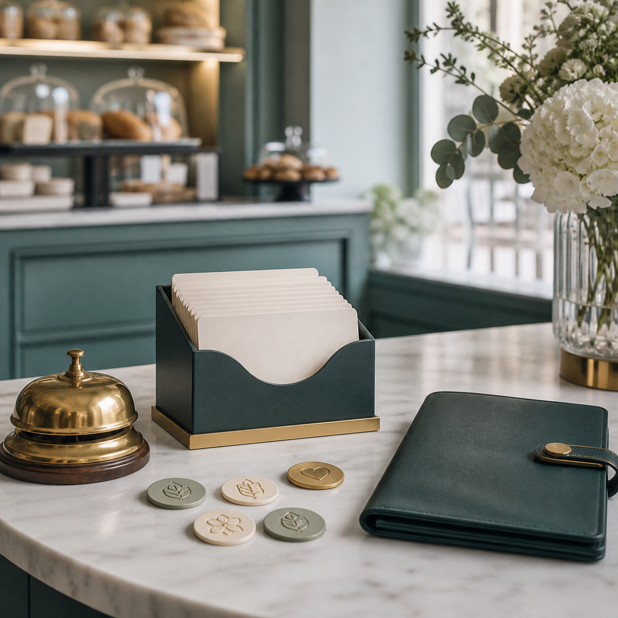 Customer Preference Concierge — Soft teal concierge card index with privacy seals