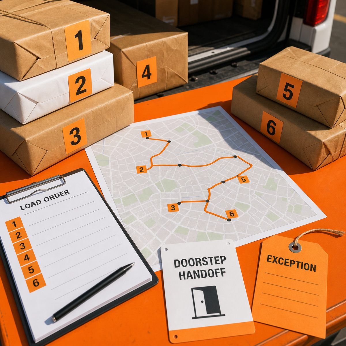 Delivery Handoff Field Pack — Safety-orange route map with numbered parcels and doorstep card