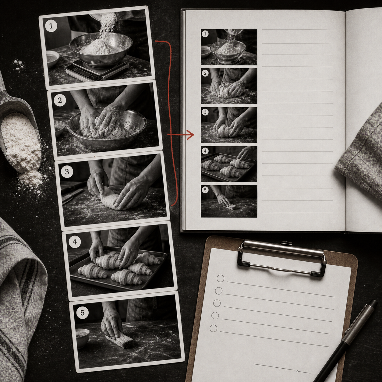 Photograph-to-SOP Studio — Black-and-white documentary contact sheet with numbered process frames