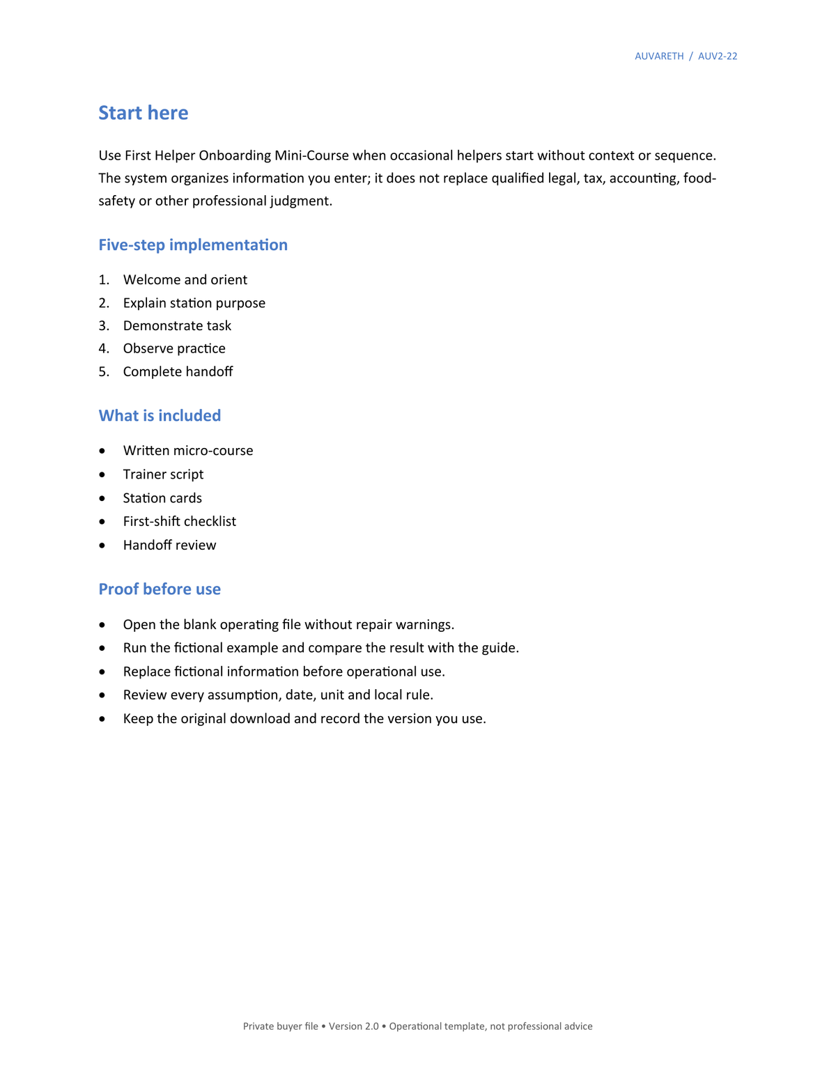 First Helper Onboarding Mini-Course — included resources and setup sequence