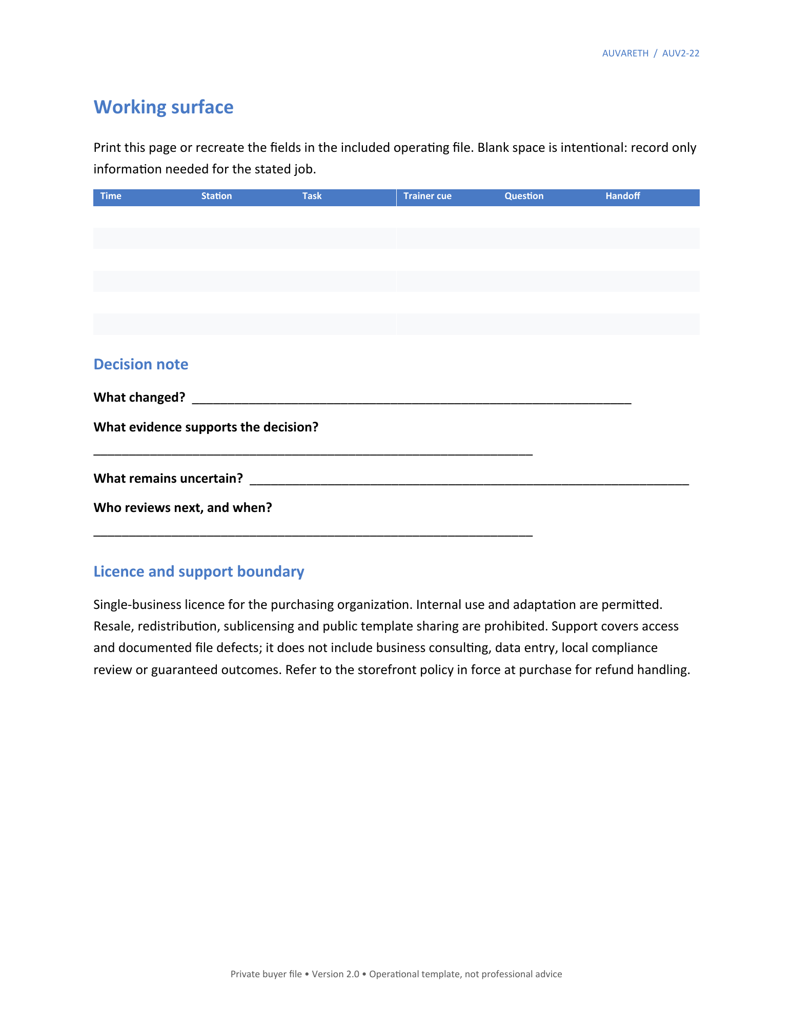 First Helper Onboarding Mini-Course — working surface, decision notes, licence and support boundaries