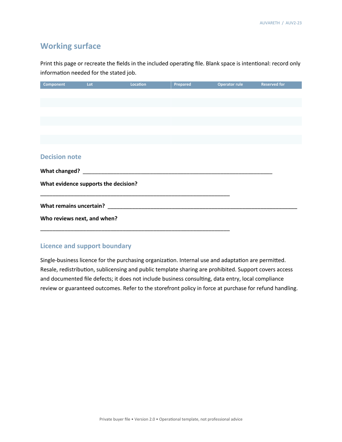 Freezer Label & Prep Card System — working surface, decision notes, licence and support boundaries