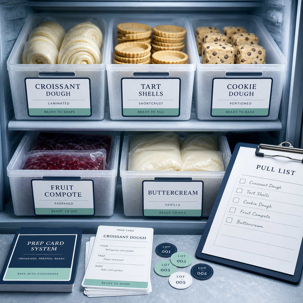 Freezer Label & Prep Card System — Frost blue label sheet with freezer bins and prep cards