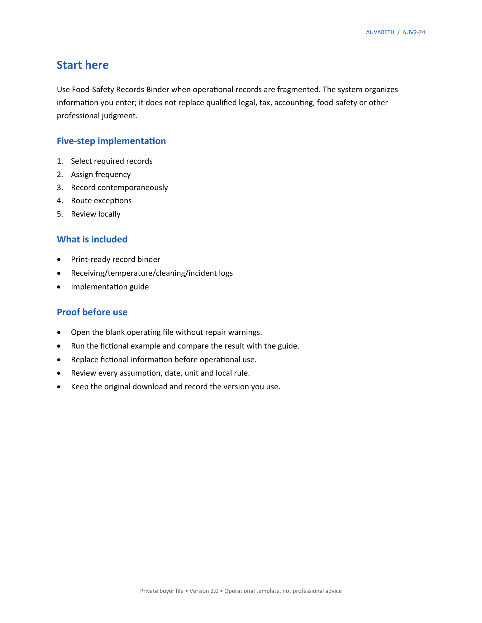 Food-Safety Records Binder — included resources and setup sequence