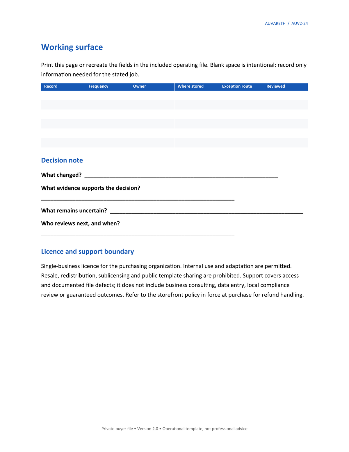 Food-Safety Records Binder — working surface, decision notes, licence and support boundaries