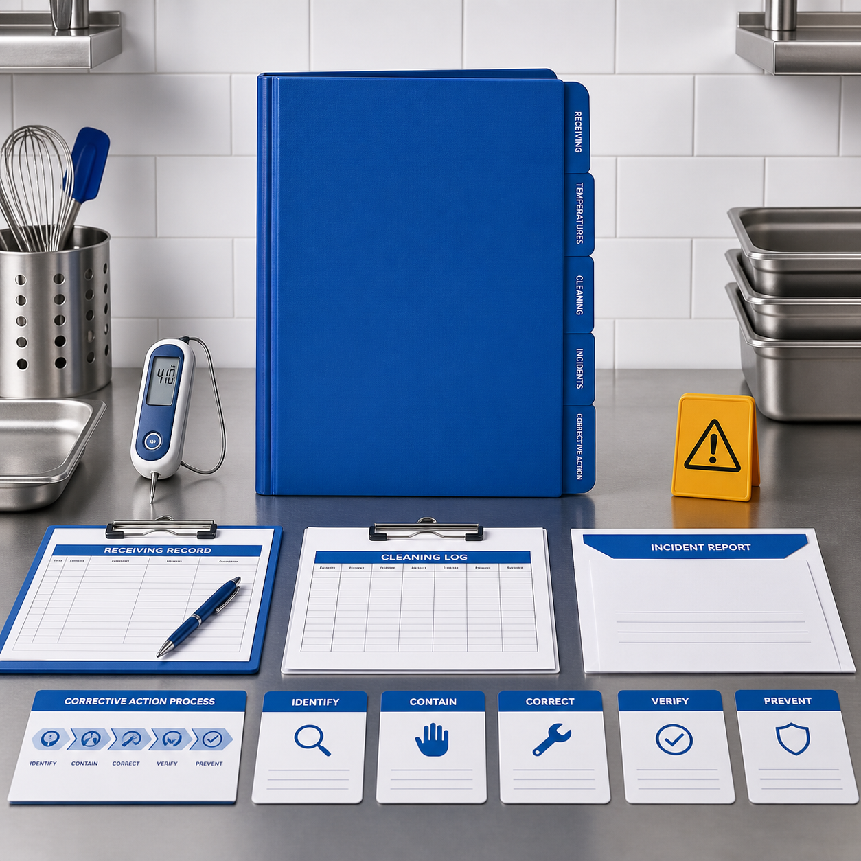 Food-Safety Records Binder — Clinical white and safety-blue tabbed binder
