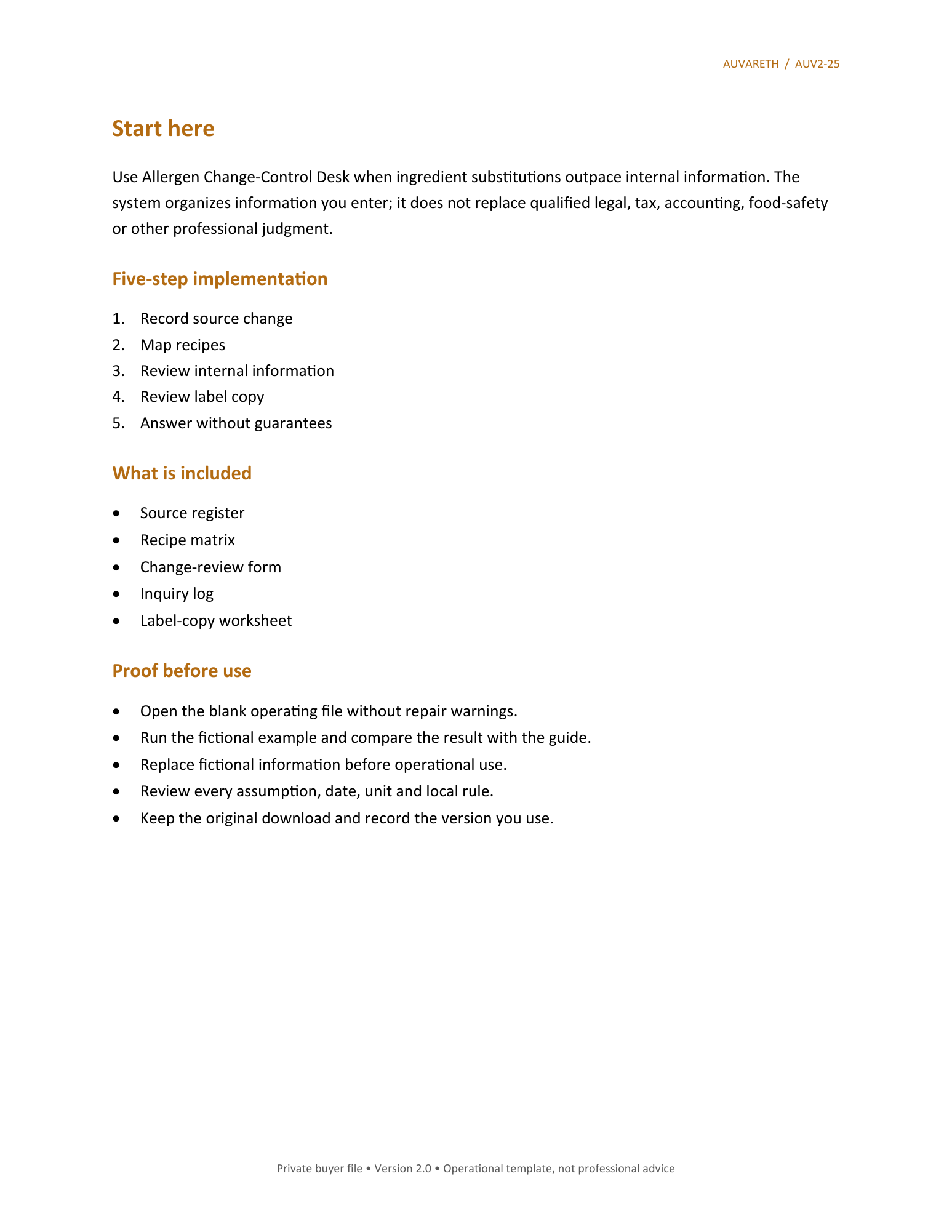 Allergen Change-Control Desk — included resources and setup sequence