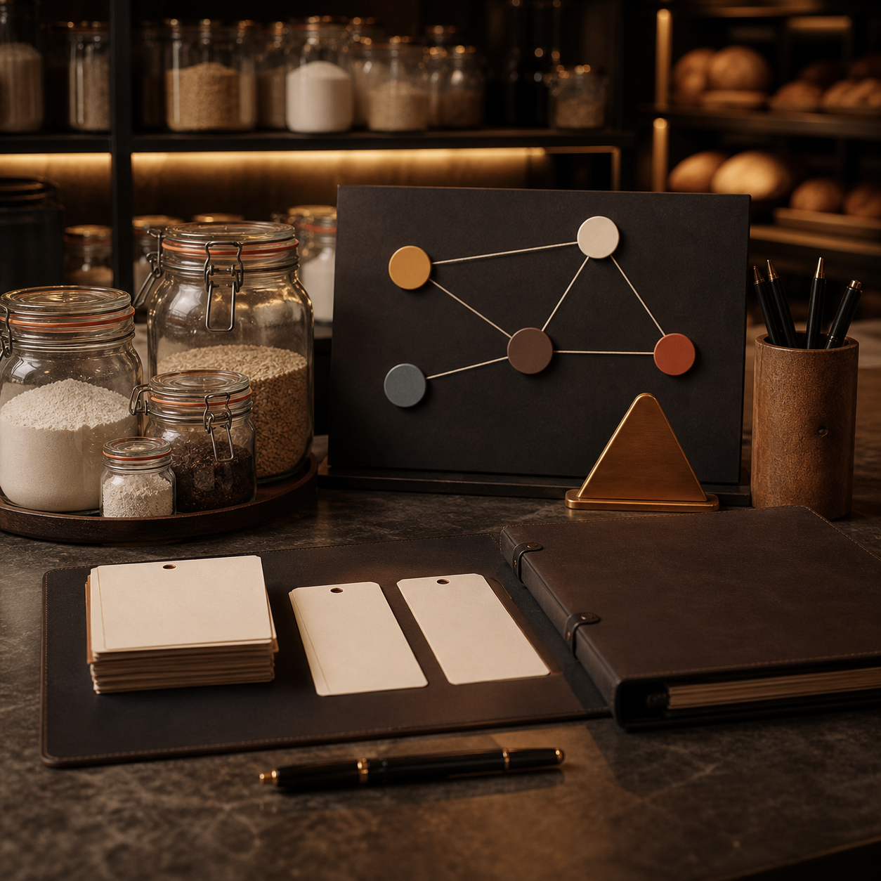 Allergen Change-Control Desk — Amber caution desk with ingredient cards and change arrows
