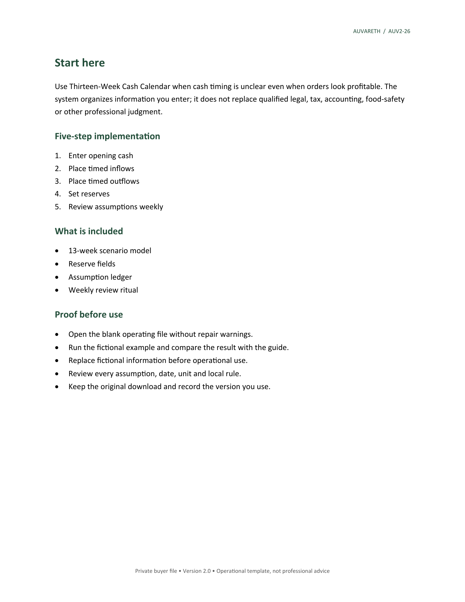 Thirteen-Week Cash Calendar — included resources and setup sequence