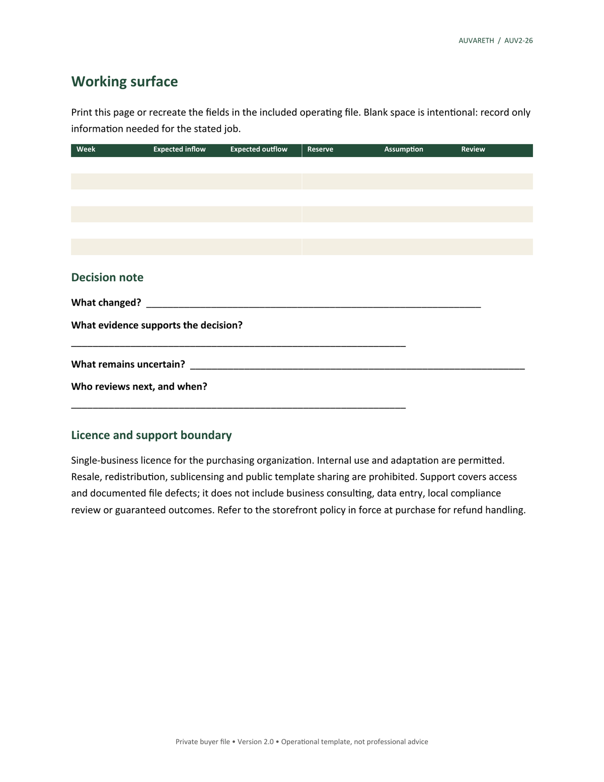 Thirteen-Week Cash Calendar — working surface, decision notes, licence and support boundaries