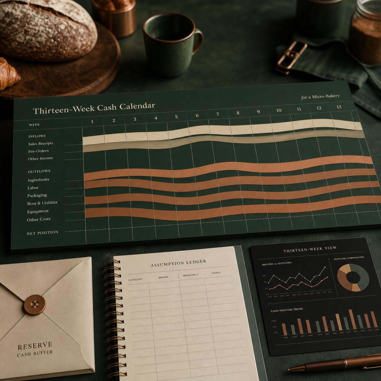 Thirteen-Week Cash Calendar — Forest-green treasury calendar with inflow/outflow ribbons