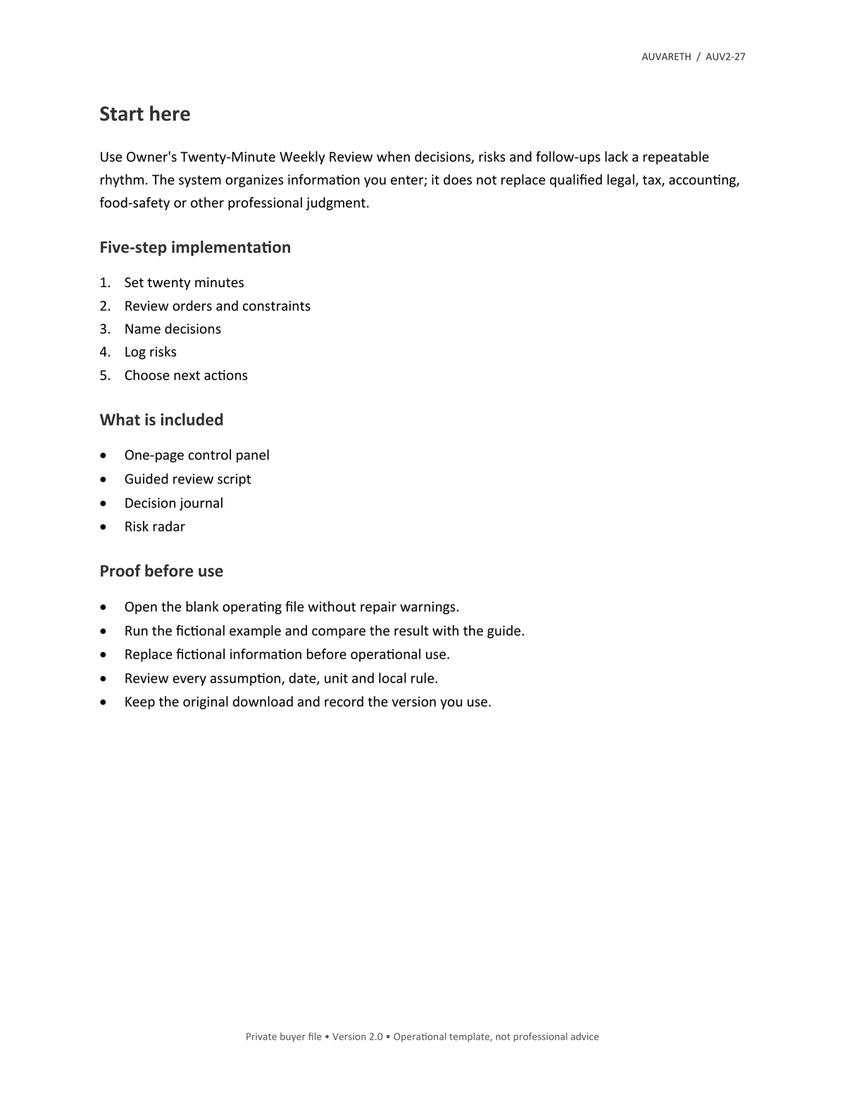 Owner's Twenty-Minute Weekly Review — included resources and setup sequence