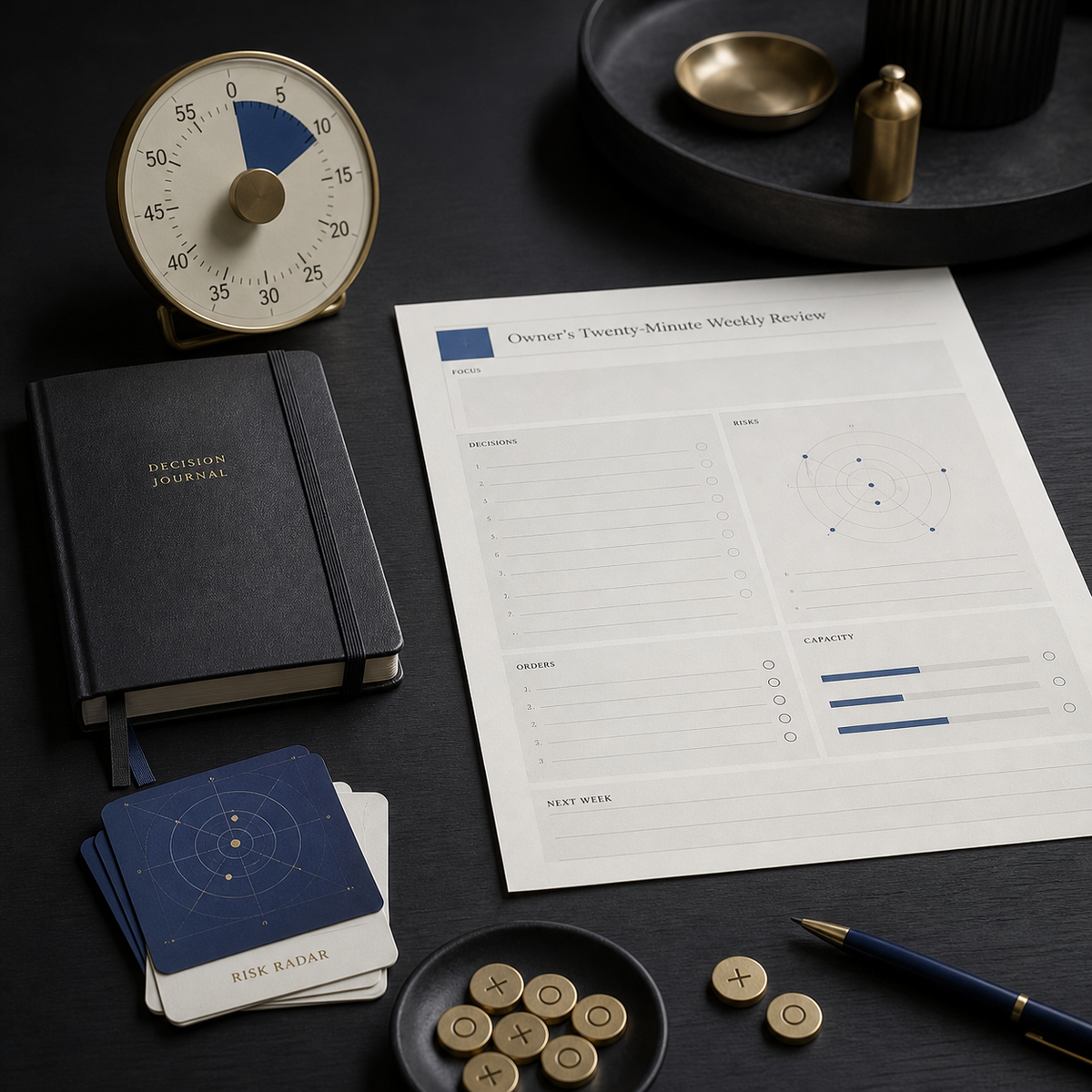 Owner's Twenty-Minute Weekly Review — Graphite executive desk with timer, journal and radar