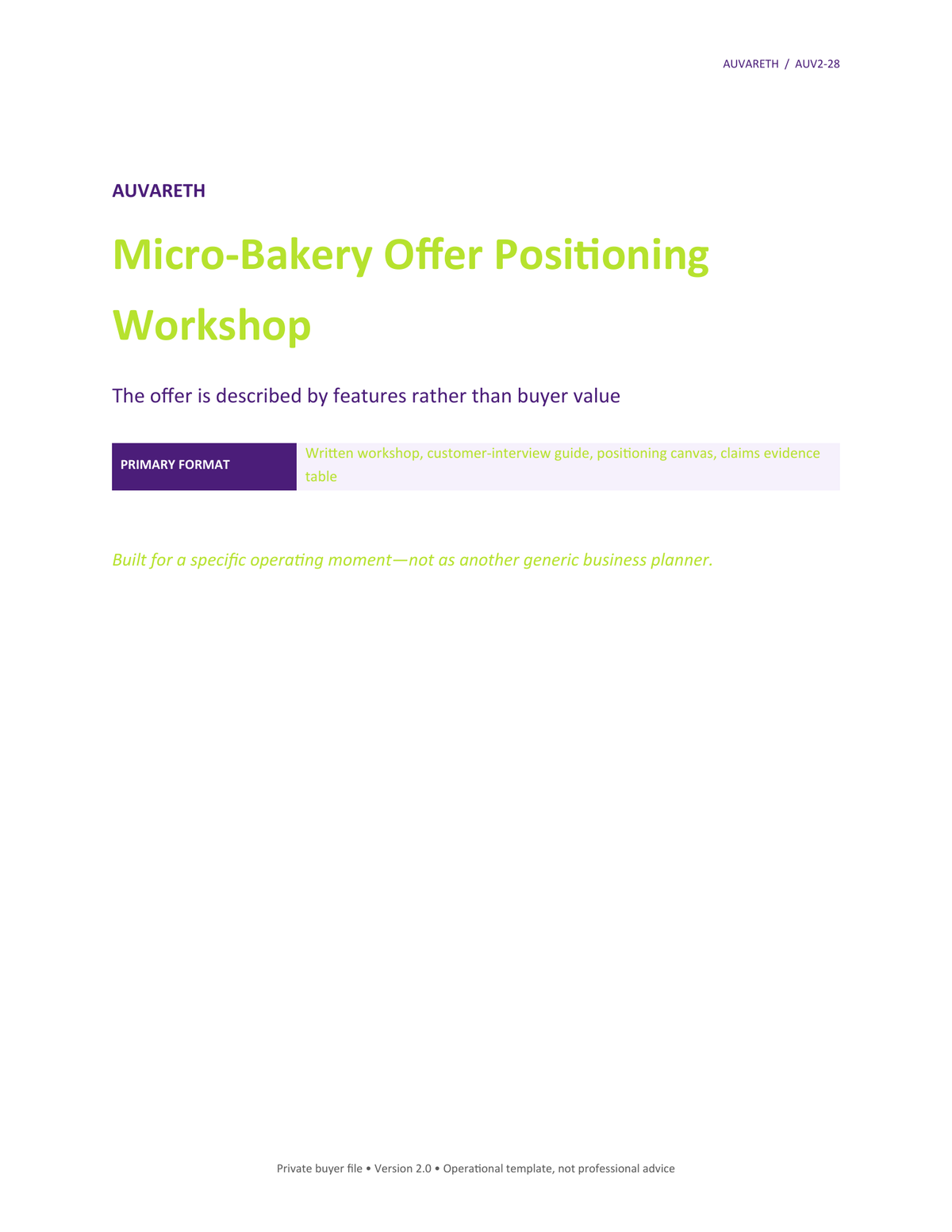 Micro-Bakery Offer Positioning Workshop — buyer problem and product purpose