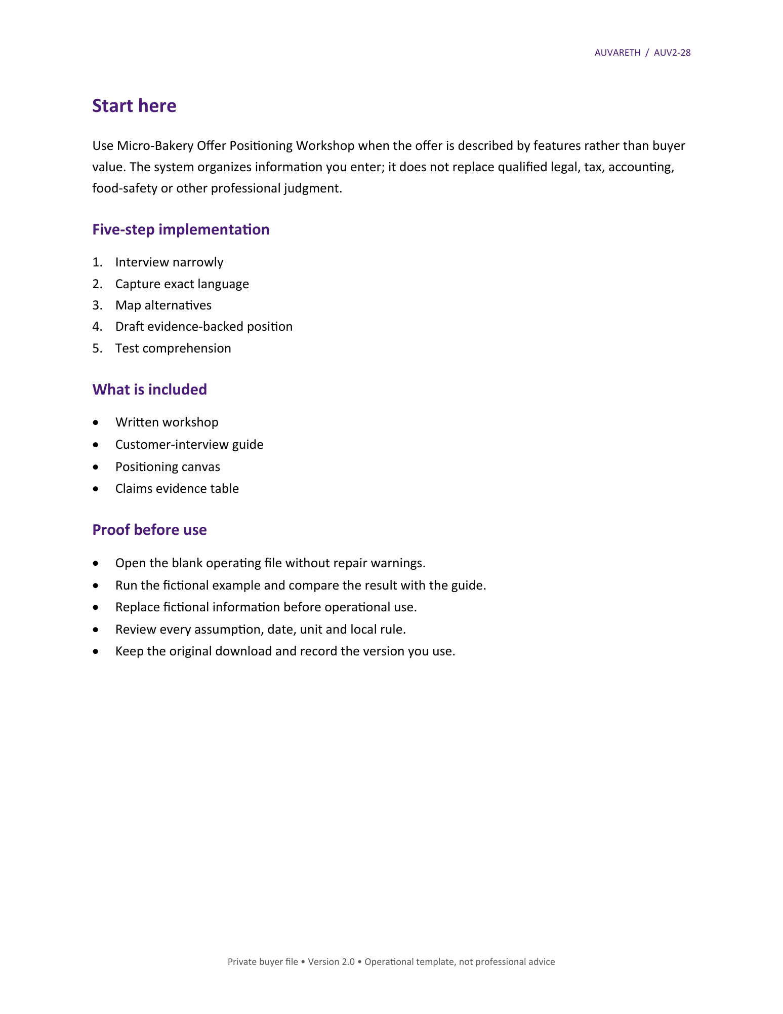 Micro-Bakery Offer Positioning Workshop — included resources and setup sequence