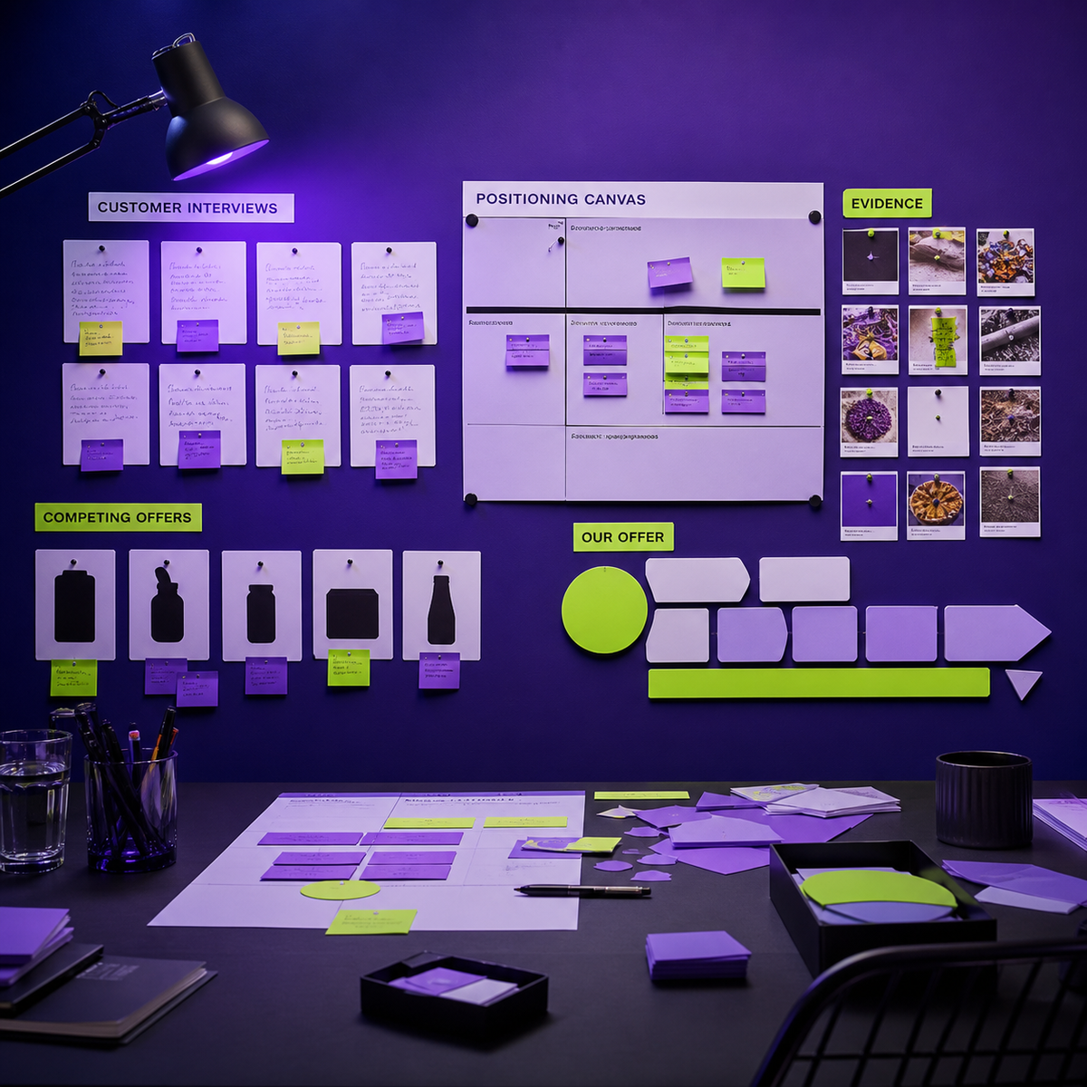 Micro-Bakery Offer Positioning Workshop — Electric-violet strategy wall with interview notes and positioning cards