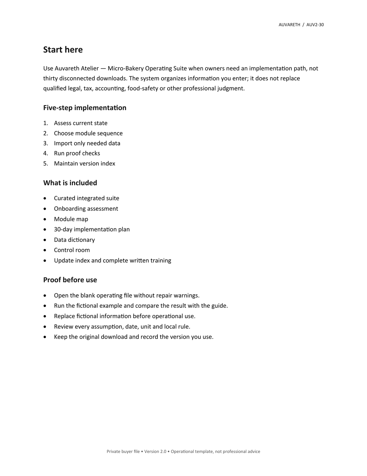 Auvareth Atelier — Micro-Bakery Operating Suite — included resources and setup sequence
