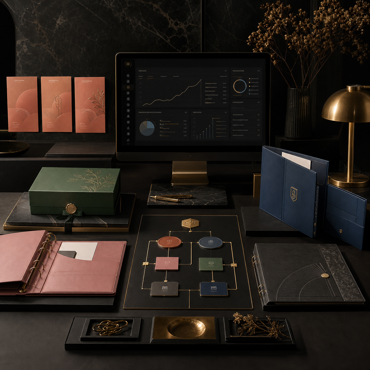 Auvareth Atelier — Micro-Bakery Operating Suite — Obsidian-and-gold atelier desk showing six visibly different product families