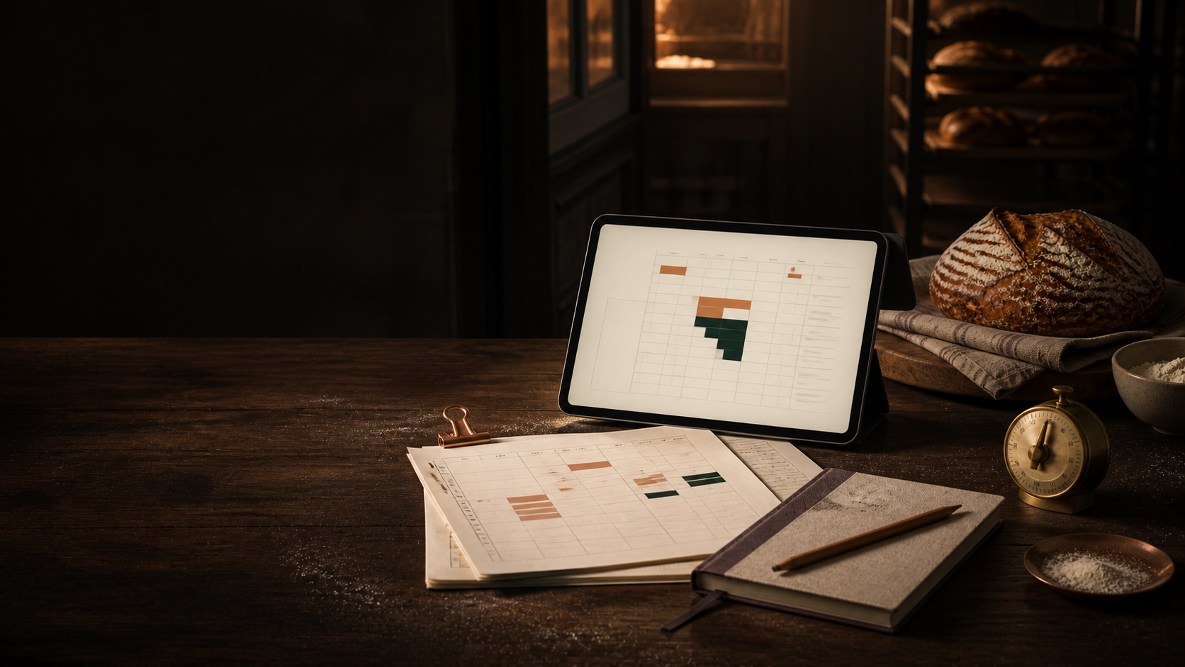 A premium micro-bakery planning workspace with bread, operational worksheets and production notes